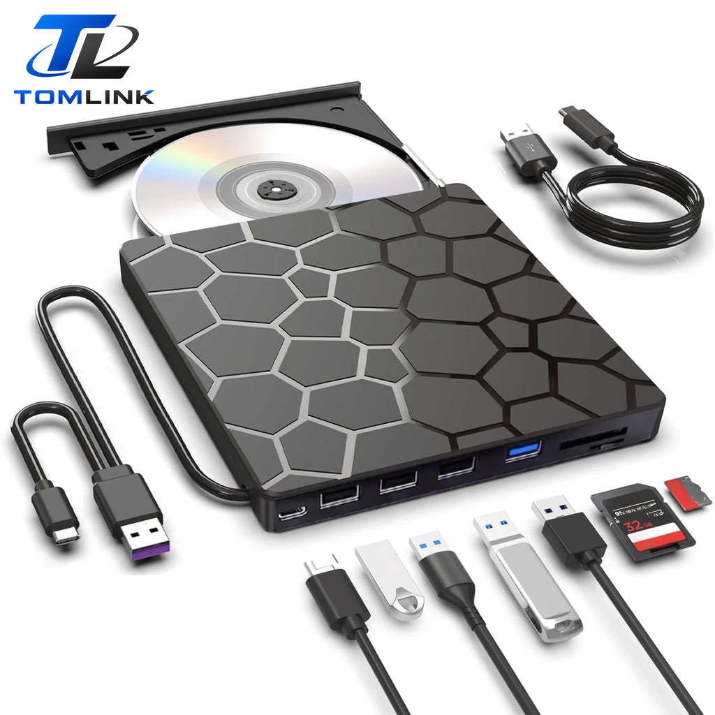 8‑in‑1 External CD/DVD Drive Features USB 3.0 & Type‑C Hub Design, Integrating Reading, Writing, Burning and Playback Functions. It Works with Desktops and Laptops, and Is Compatible with Windows and Linux Operating Sys