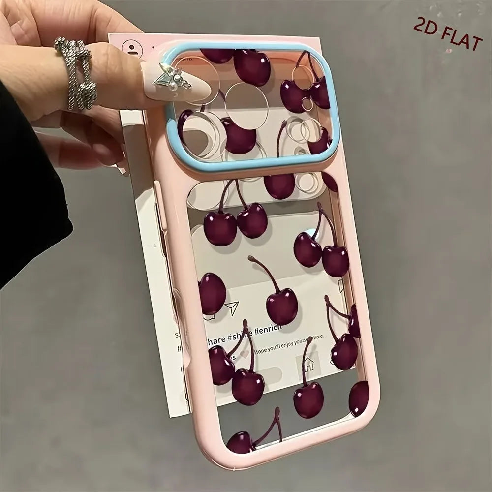 2D FLAT Burgundy Cherry Pattern Phone Case For iPhone 18 17 16 15 14 13 12 11 Pro Max 16Plus Transparent Shockproof Bumper Cover
