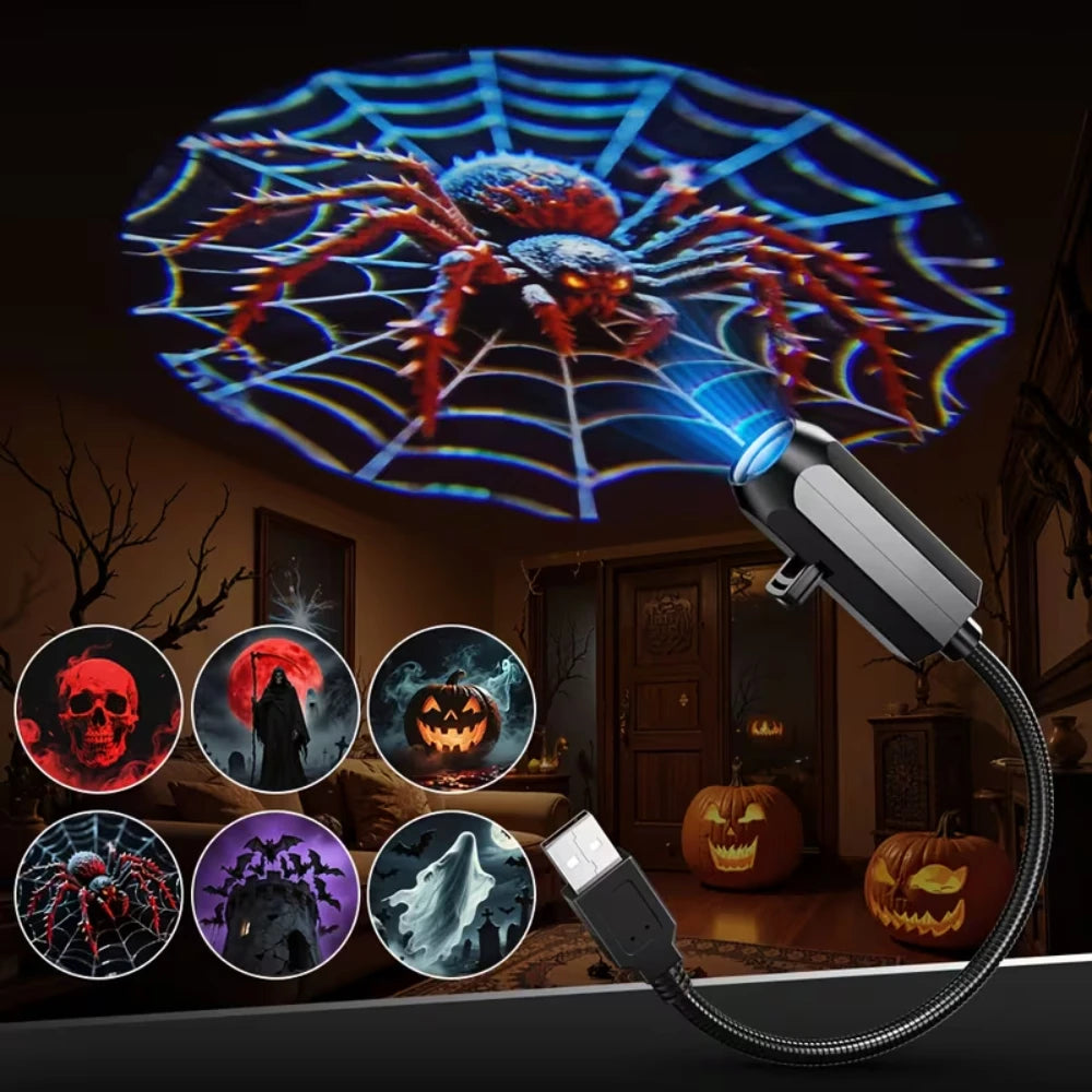USB Halloween Projector Light 6 Patterns Mini LED Spooky Projection Lamp Portable Atmosphere Light For Home Car Party Decor