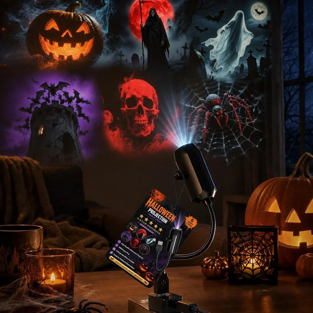 USB Projector Light Halloween Skull NightLight Ghost LED Lamp 360°Degree Rotating Switchable Pattern Design Dark&Night Ambiance