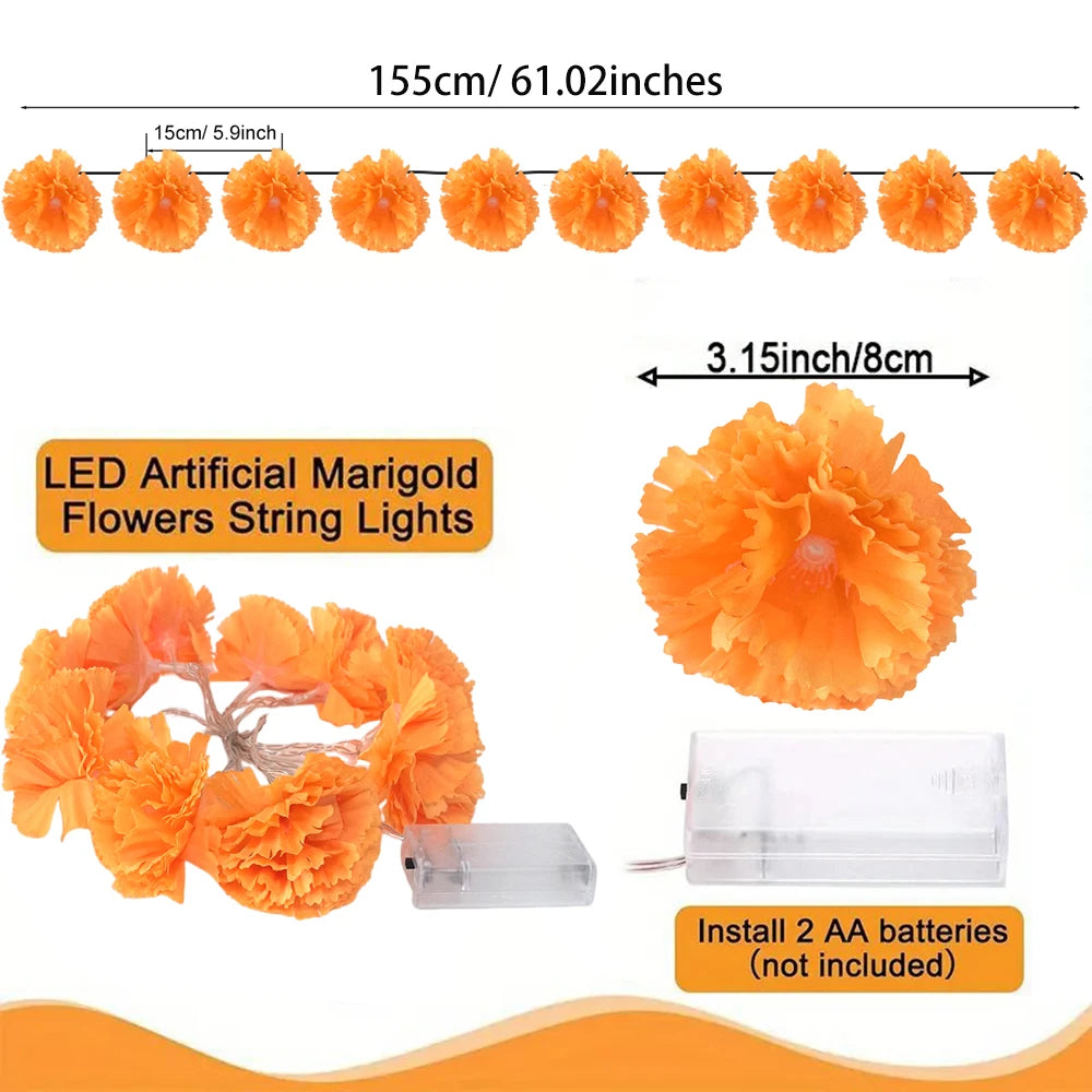 1pc/2pcs Marigold Garland Light String, 10LED Artificial Marigold Flower String Lights for Halloween Day of the Dead Party Decor
