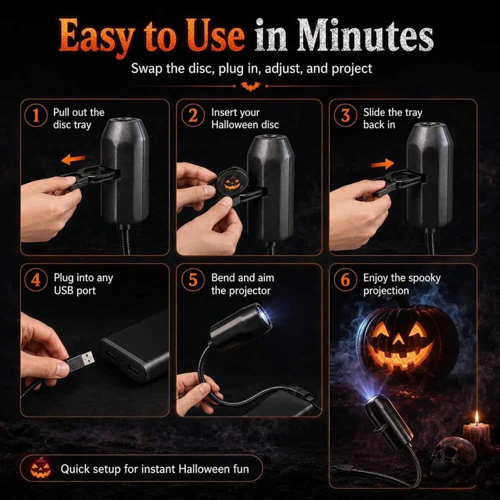 USB Projector Light Halloween Skull NightLight Ghost LED Lamp 360°Degree Rotating Switchable Pattern Design Dark&Night Ambiance