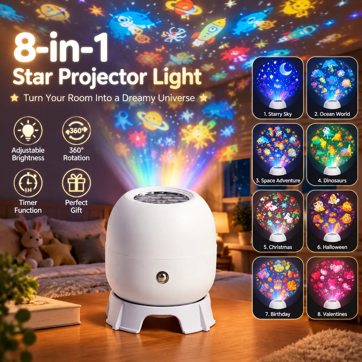 360°Rotating Projection Night Lights 8-Type Of Pattern LED Atmosphere Light For Christmas Halloween Birthday Party Bedroom Decor