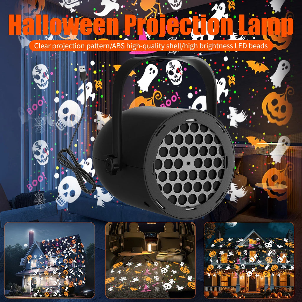 LED Halloween Christmas Pattern Projection Light USB 5V Party Decorative Lamp Pumpkin Ghost Snowflake Rotating Projector Lamp