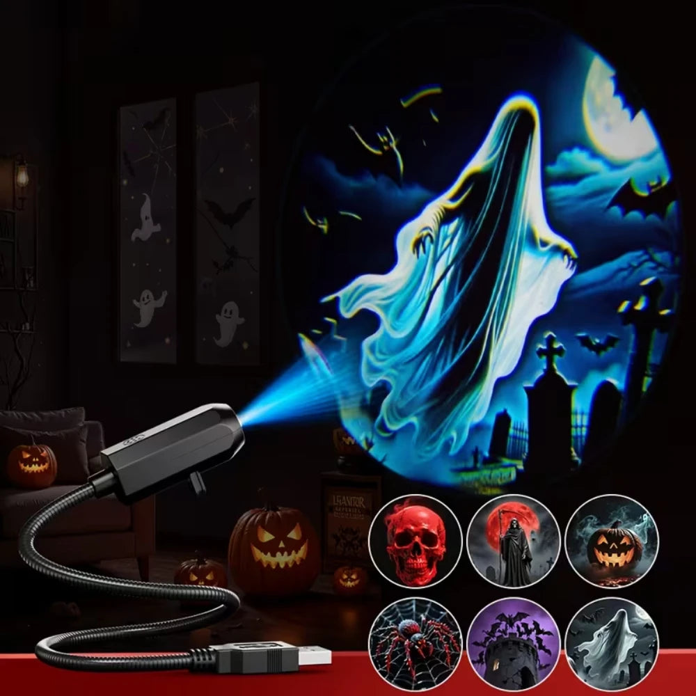 USB Halloween Projector Light 6 Patterns Mini LED Spooky Projection Lamp Portable Atmosphere Light For Home Car Party Decor