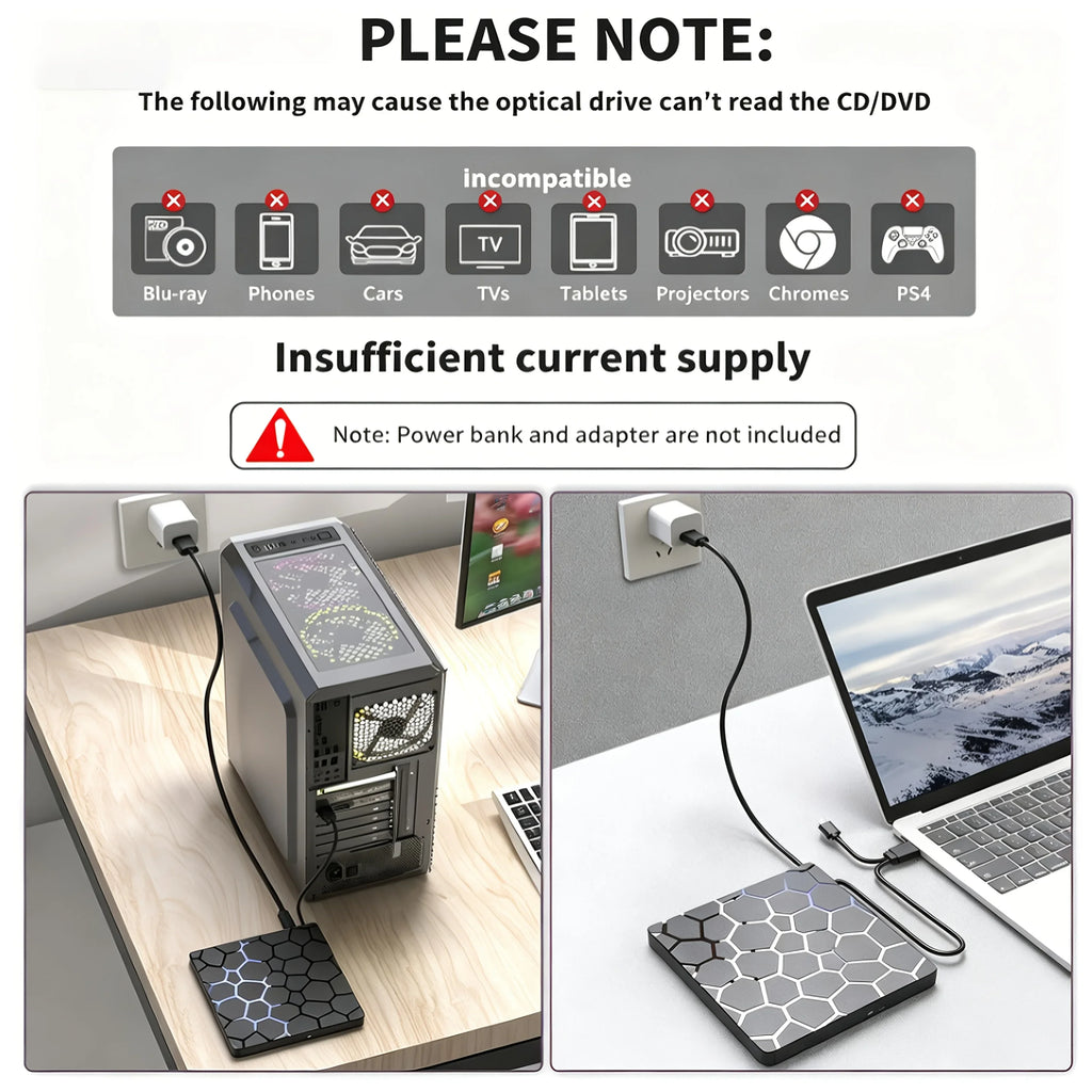 8‑in‑1 External CD/DVD Drive Features USB 3.0 & Type‑C Hub Design, Integrating Reading, Writing, Burning and Playback Functions. It Works with Desktops and Laptops, and Is Compatible with Windows and Linux Operating Sys