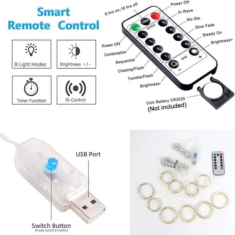 USB Powered Curtain String Lights 8 Modes LED Lights with Remote Control Bedroom Wedding Halloween Decorations Christmas Lights