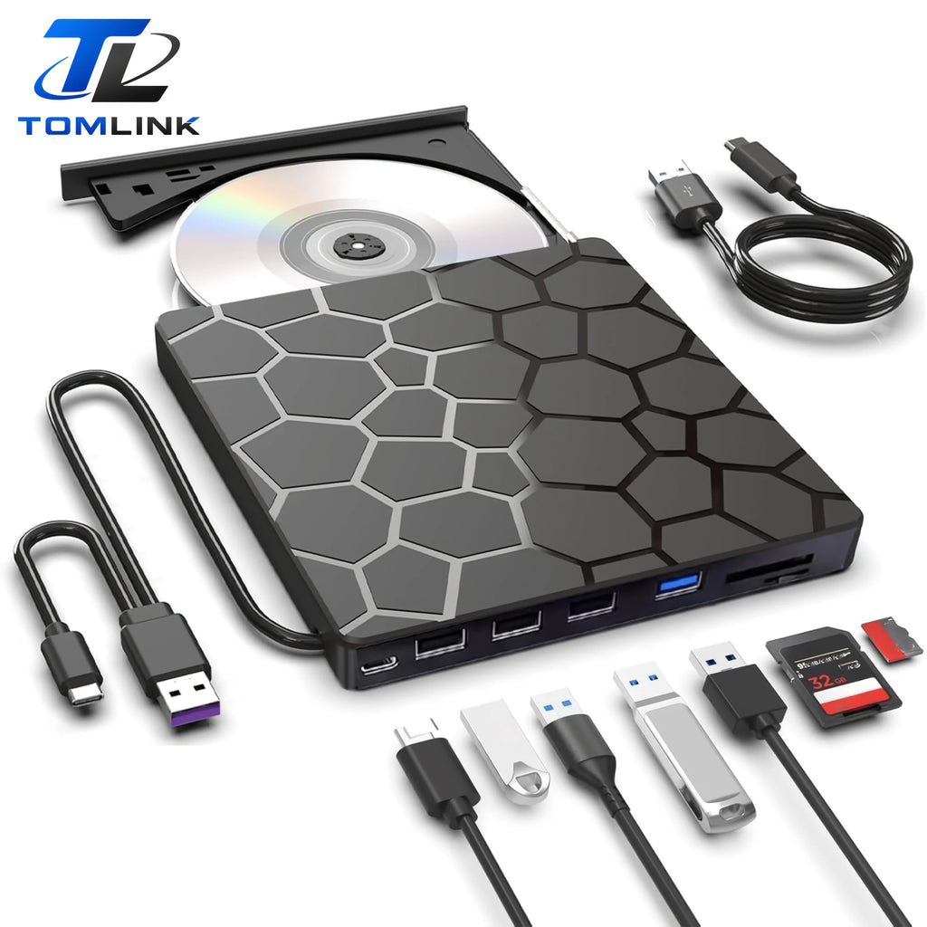 8‑in‑1 External CD/DVD Drive Features USB 3.0 & Type‑C Hub Design, Integrating Reading, Writing, Burning and Playback Functions. It Works with Desktops and Laptops, and Is Compatible with Windows and Linux Operating Sys