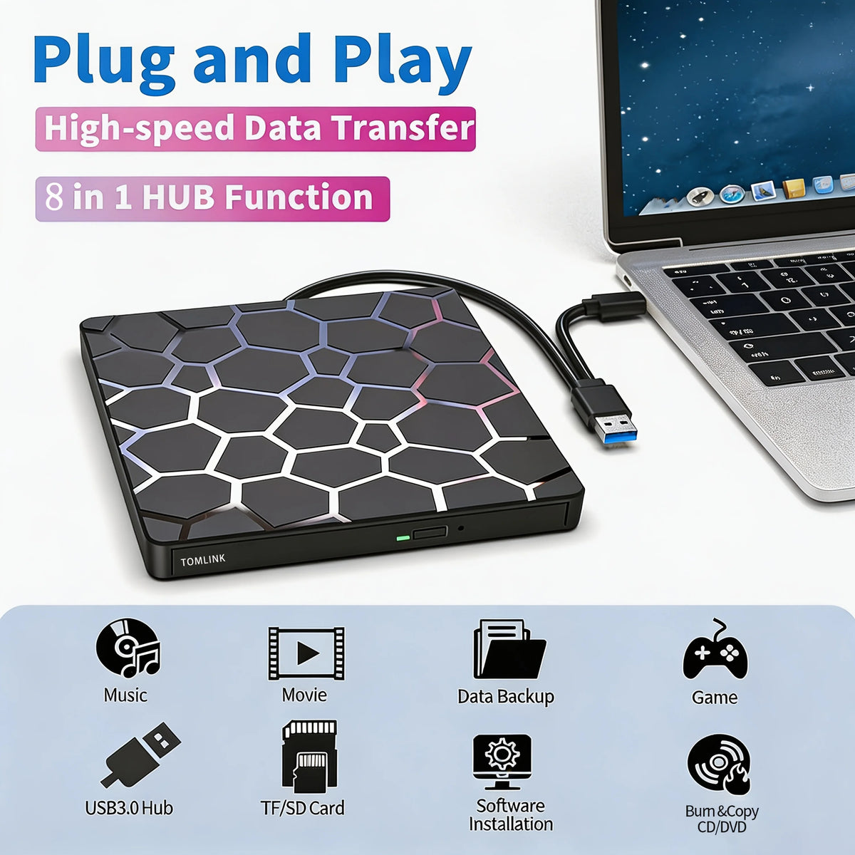 8‑in‑1 External CD/DVD Drive Features USB 3.0 & Type‑C Hub Design, Integrating Reading, Writing, Burning and Playback Functions. It Works with Desktops and Laptops, and Is Compatible with Windows and Linux Operating Sys