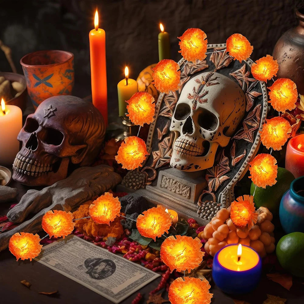 1pc/2pcs Marigold Garland Light String, 10LED Artificial Marigold Flower String Lights for Halloween Day of the Dead Party Decor
