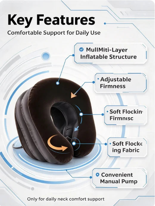 Inflatable Neck Support Device, Multi-Layer Cervical Traction Collar with Manual Air Pump, Comfortable Flocking Surface for Home
