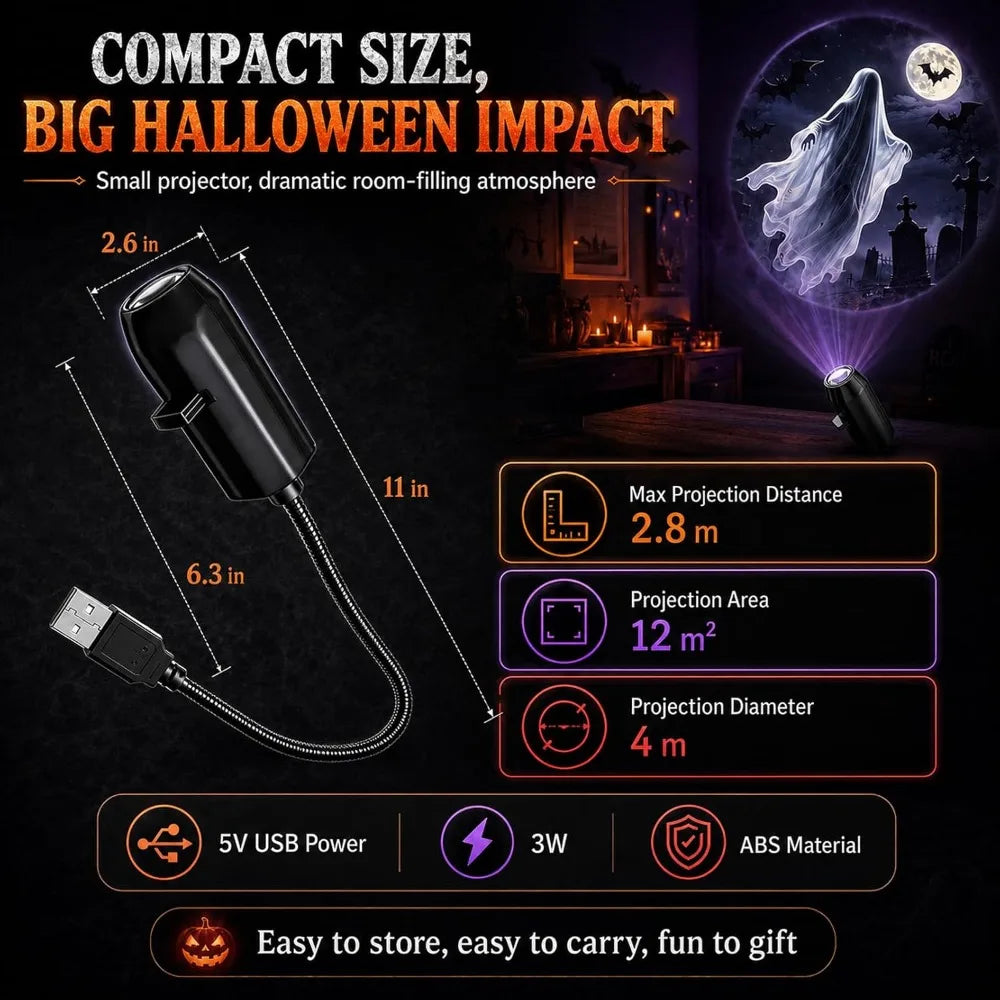 USB Projector Light Halloween Skull NightLight Ghost LED Lamp 360°Degree Rotating Switchable Pattern Design Dark&Night Ambiance