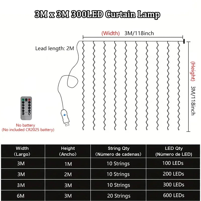 8 Modes Curtain LED Lights String USB Plug Fairy Light with Remote Control Bedroom Wedding Christmas Halloween Party Decorations