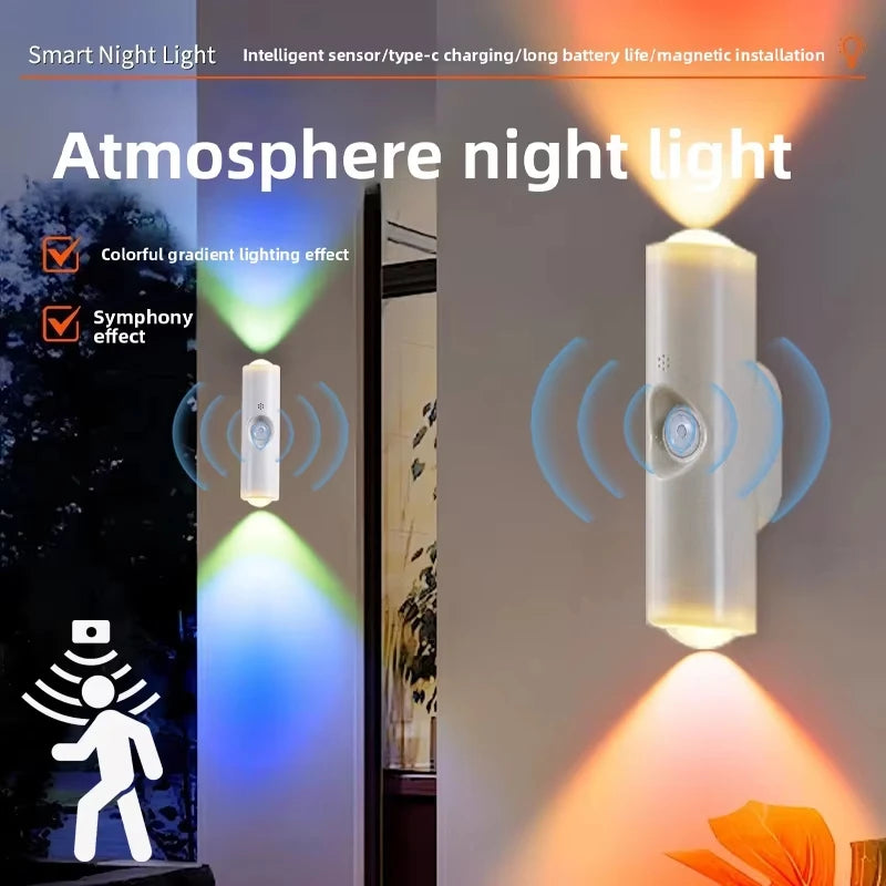 Motion Sensor Night Light RGB Gradient Wall Lamp Type-C Charging Wireless Magnetic Mounting Home Decoration Night Lamps