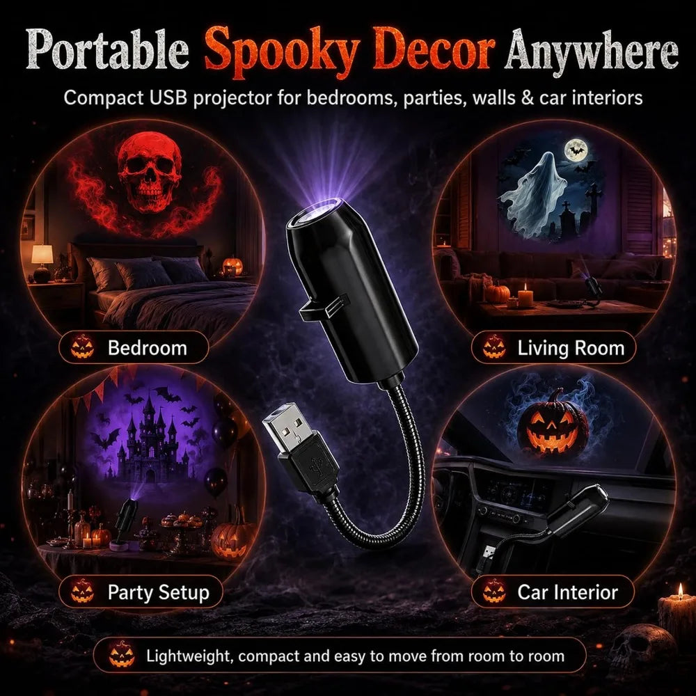 USB Projector Light Halloween Skull NightLight Ghost LED Lamp 360°Degree Rotating Switchable Pattern Design Dark&Night Ambiance