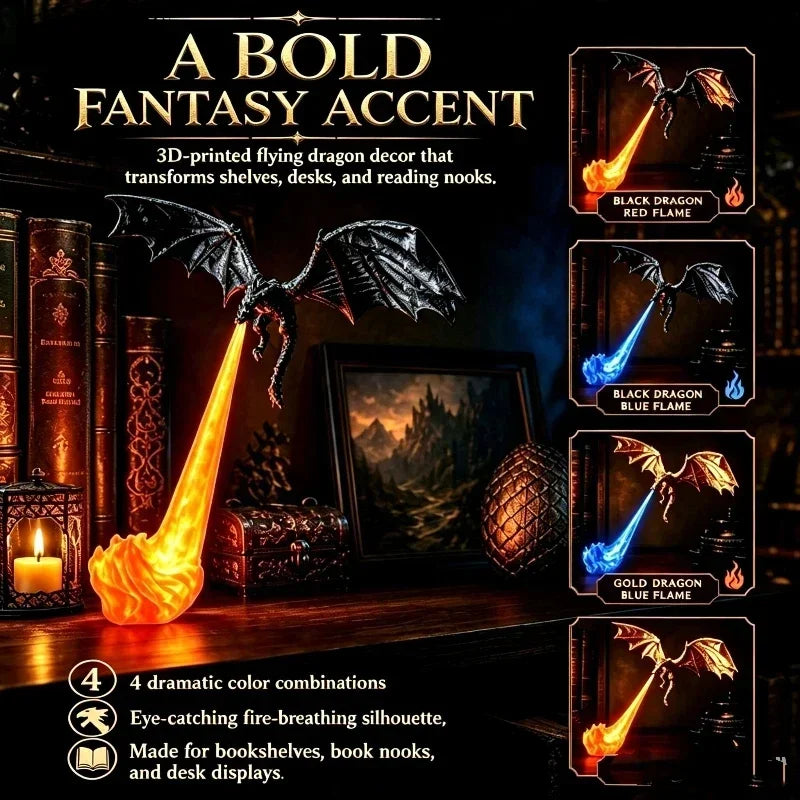 Fire Breathing Dragon Bookshelf Nook Light 3d Printed Flying Dragon Shelf Decor Lover Gift For Halloween Indoor Table Display