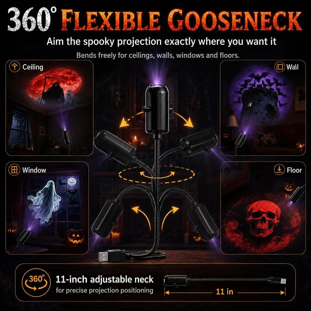 USB Projector Light Halloween Skull NightLight Ghost LED Lamp 360°Degree Rotating Switchable Pattern Design Dark&Night Ambiance