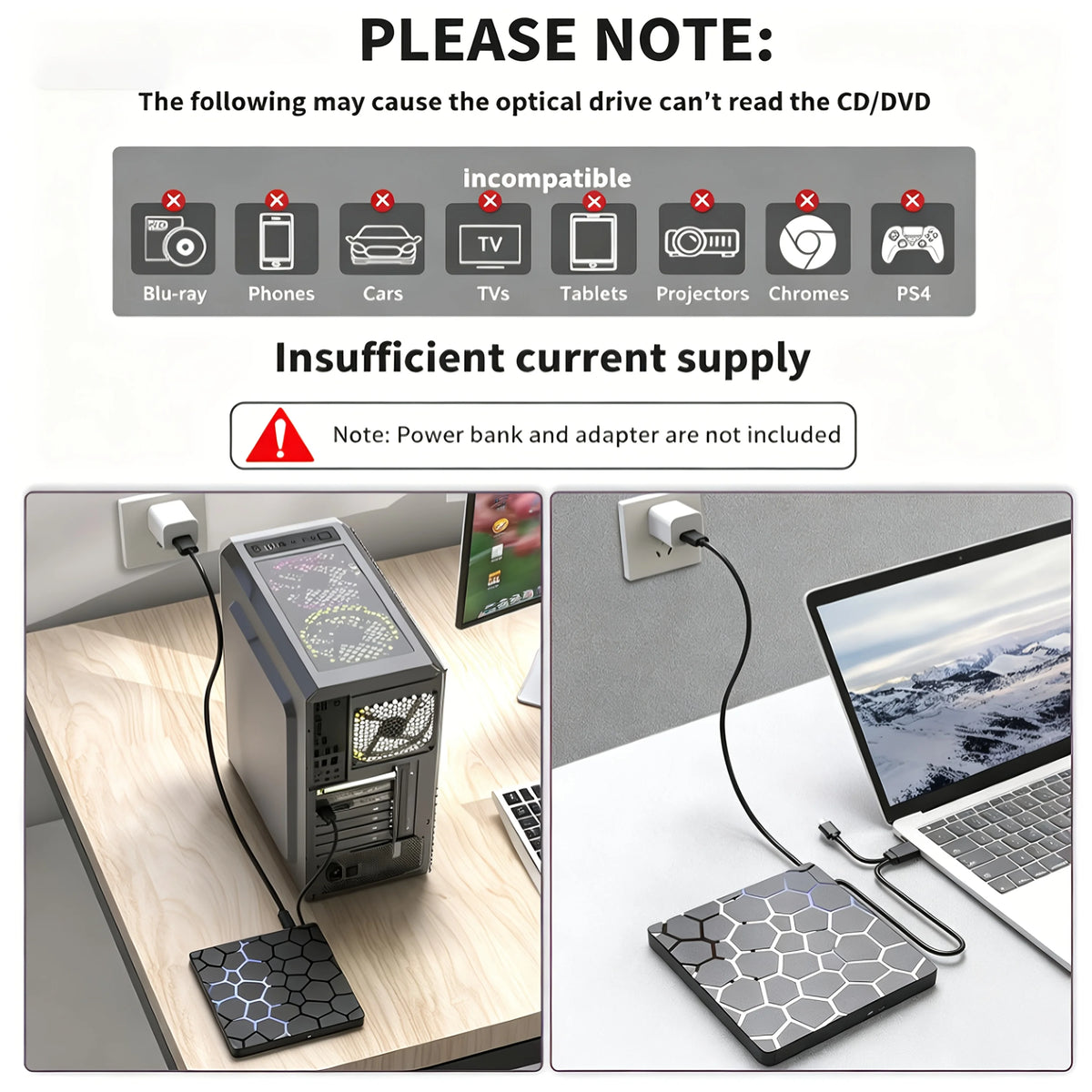 8‑in‑1 External CD/DVD Drive Features USB 3.0 & Type‑C Hub Design, Integrating Reading, Writing, Burning and Playback Functions. It Works with Desktops and Laptops, and Is Compatible with Windows and Linux Operating Sys