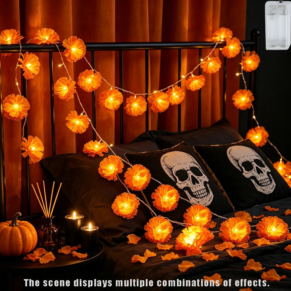 1pc/2pcs Marigold Garland Light String, 10LED Artificial Marigold Flower String Lights for Halloween Day of the Dead Party Decor