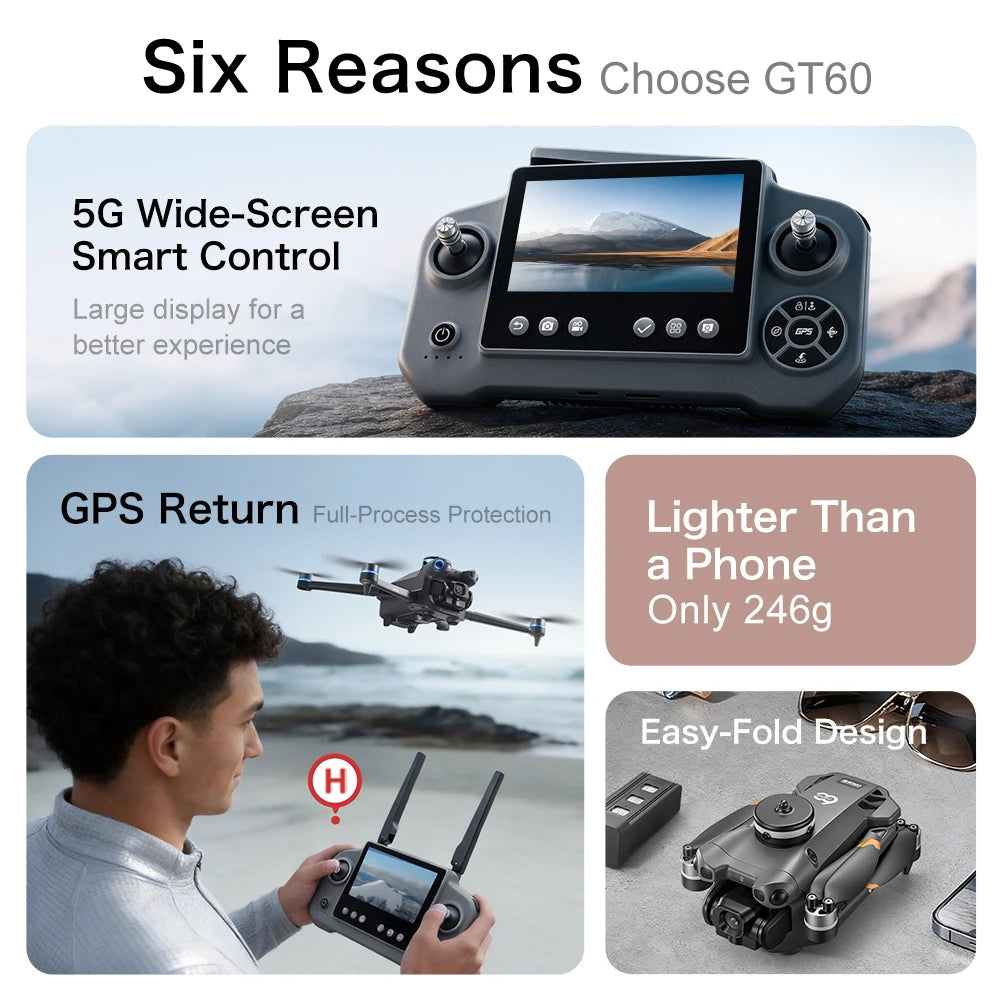 Original GT60 Foldable GPS Drone Screen Remote Brushless Dual 4K/8K Camera Obstacle Avoidance Airdrop RC Quadcopter For Adults