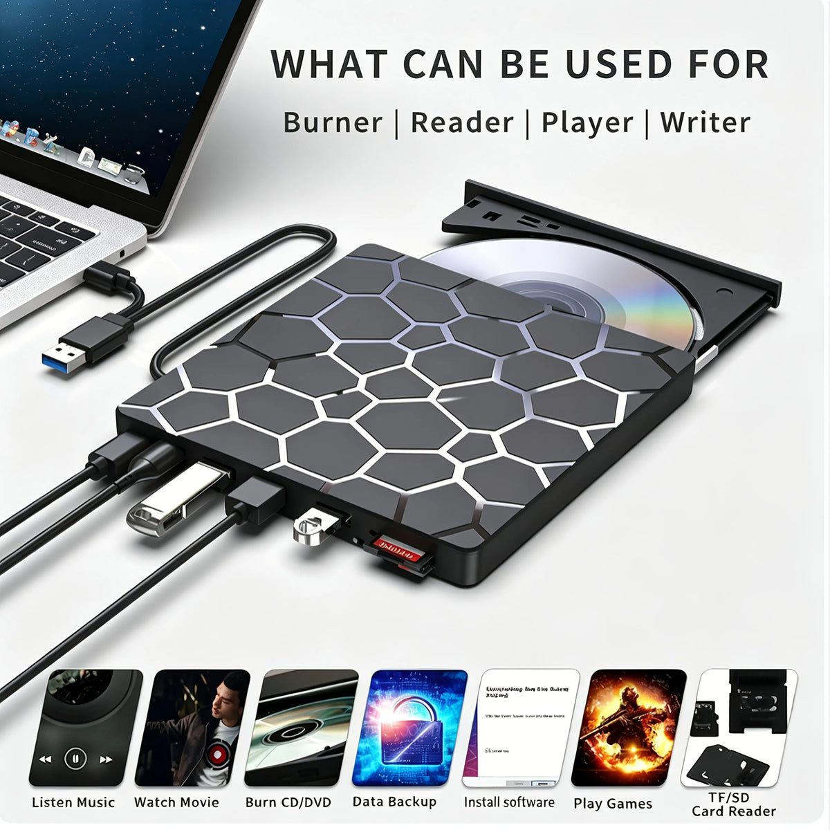 8‑in‑1 External CD/DVD Drive Features USB 3.0 & Type‑C Hub Design, Integrating Reading, Writing, Burning and Playback Functions. It Works with Desktops and Laptops, and Is Compatible with Windows and Linux Operating Sys