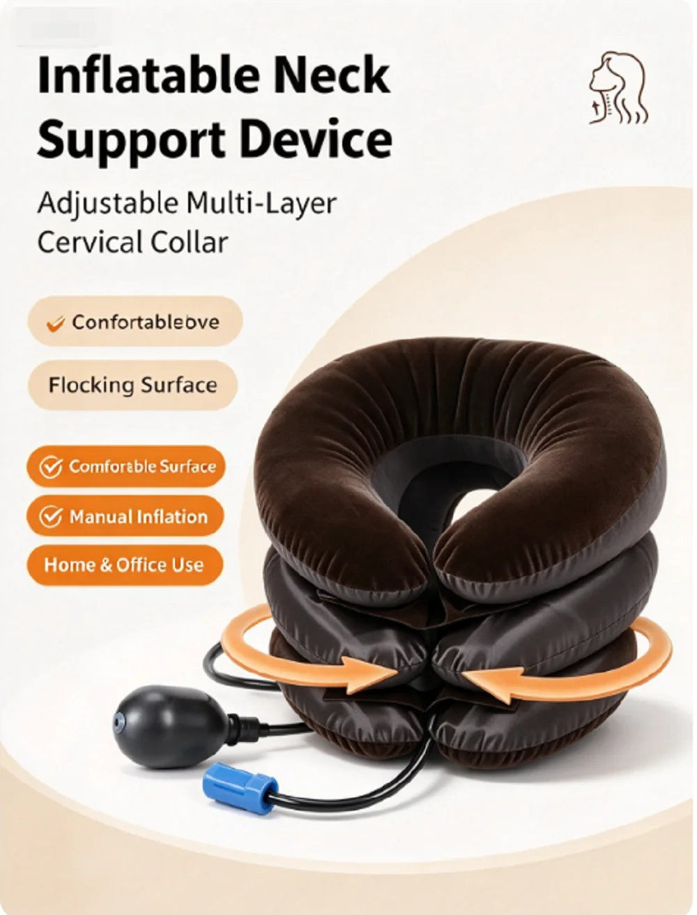 Inflatable Neck Support Device, Multi-Layer Cervical Traction Collar with Manual Air Pump, Comfortable Flocking Surface for Home