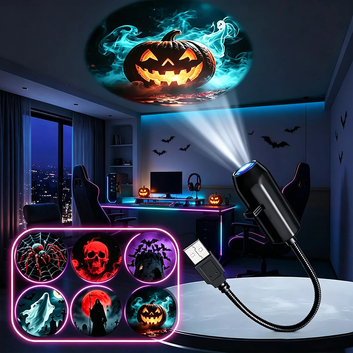 Halloween LED Portable USB Light Festive Decor Bedroom Atmosphere Projection Lamp Suitable for Holiday Parties Indoor Dorms Bars
