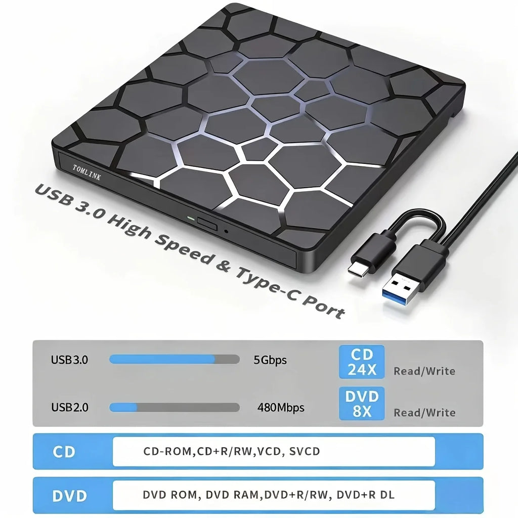 8‑in‑1 External CD/DVD Drive Features USB 3.0 & Type‑C Hub Design, Integrating Reading, Writing, Burning and Playback Functions. It Works with Desktops and Laptops, and Is Compatible with Windows and Linux Operating Sys