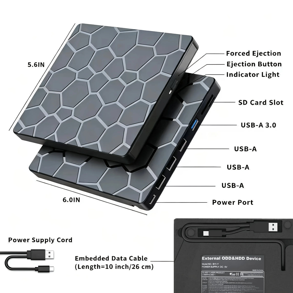 8‑in‑1 External CD/DVD Drive Features USB 3.0 & Type‑C Hub Design, Integrating Reading, Writing, Burning and Playback Functions. It Works with Desktops and Laptops, and Is Compatible with Windows and Linux Operating Sys