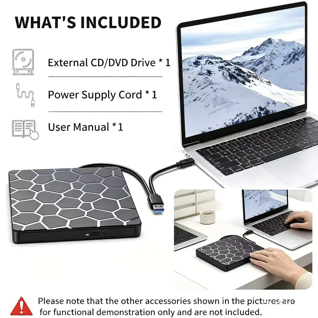 8‑in‑1 External CD/DVD Drive Features USB 3.0 & Type‑C Hub Design, Integrating Reading, Writing, Burning and Playback Functions. It Works with Desktops and Laptops, and Is Compatible with Windows and Linux Operating Sys