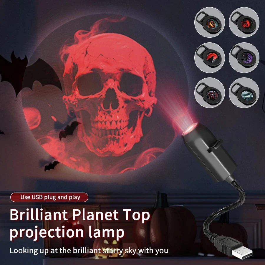 3/6pcs Patterns Halloween USB LED Projection Lamp,Light Ghost,Bat,Spider,Skeleton,Halloween Atmosphere Light Festive Decoration