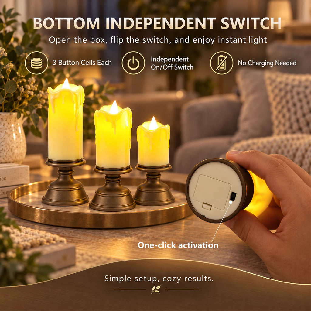 3Pc Flameless Flickering Led Candles Light for Home Wedding Holiday Decor Button Control Candles Flameless Candles Bottom Button