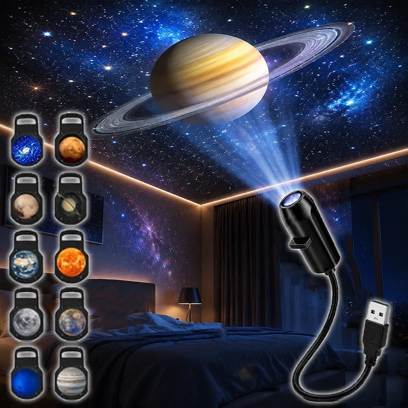 USB Projector Night Light 10 Planet Patterns Halloween Christmas Starry Galaxy Lamp for Wall Ceiling Bedroom Party Decor