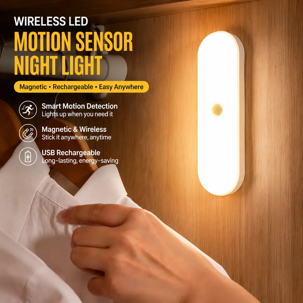Wireless LED Motion Sensor Night Light, USB Rechargeable Magnetic Lamp for Closet Kitchen Aisle Wardrobe