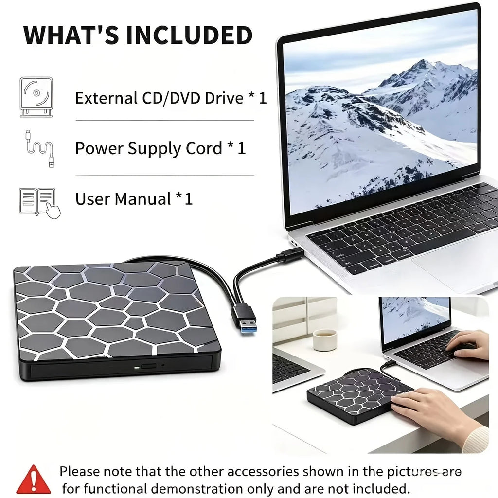8‑in‑1 External CD/DVD Drive Features USB 3.0 & Type‑C Hub Design, Integrating Reading, Writing, Burning and Playback Functions. It Works with Desktops and Laptops, and Is Compatible with Windows and Linux Operating Sys