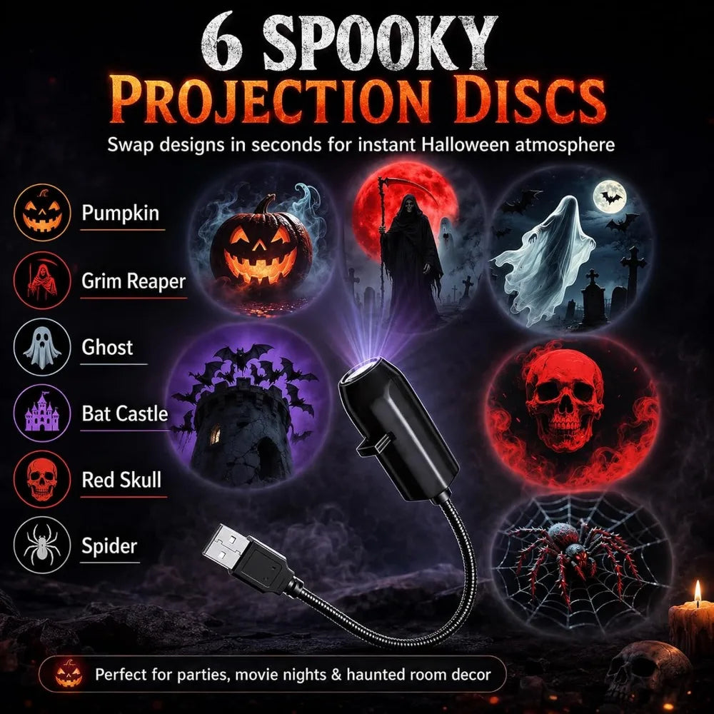 USB Projector Light Halloween Skull NightLight Ghost LED Lamp 360°Degree Rotating Switchable Pattern Design Dark&Night Ambiance
