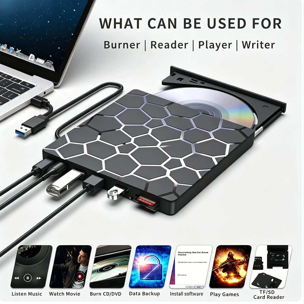 8‑in‑1 External CD/DVD Drive Features USB 3.0 & Type‑C Hub Design, Integrating Reading, Writing, Burning and Playback Functions. It Works with Desktops and Laptops, and Is Compatible with Windows and Linux Operating Sys