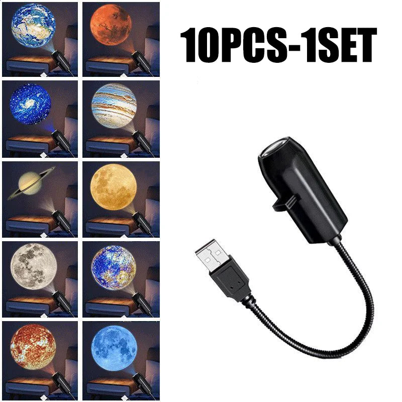 USB Projector Night Light 10 Planet Patterns Halloween Christmas Starry Galaxy Lamp for Wall Ceiling Bedroom Party Decor