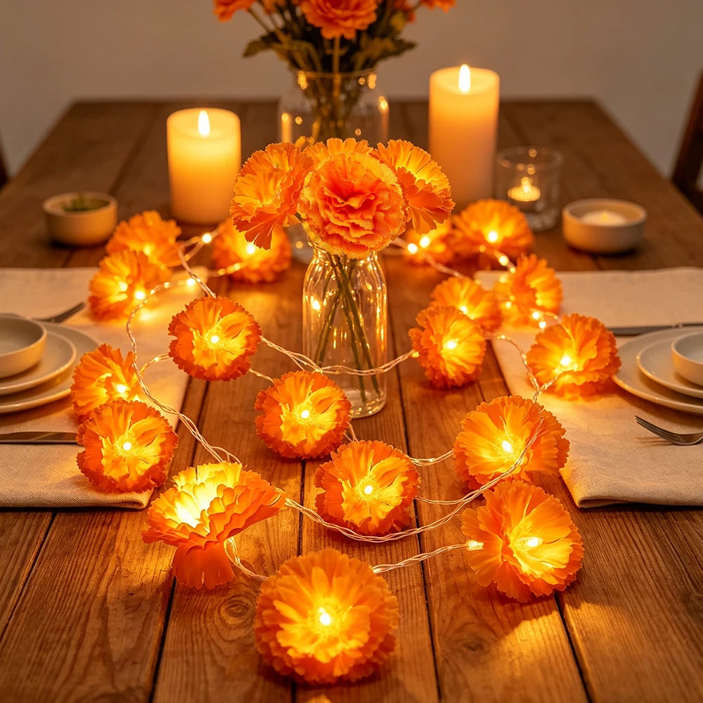 1pc/2pcs Marigold Garland Light String, 10LED Artificial Marigold Flower String Lights for Halloween Day of the Dead Party Decor