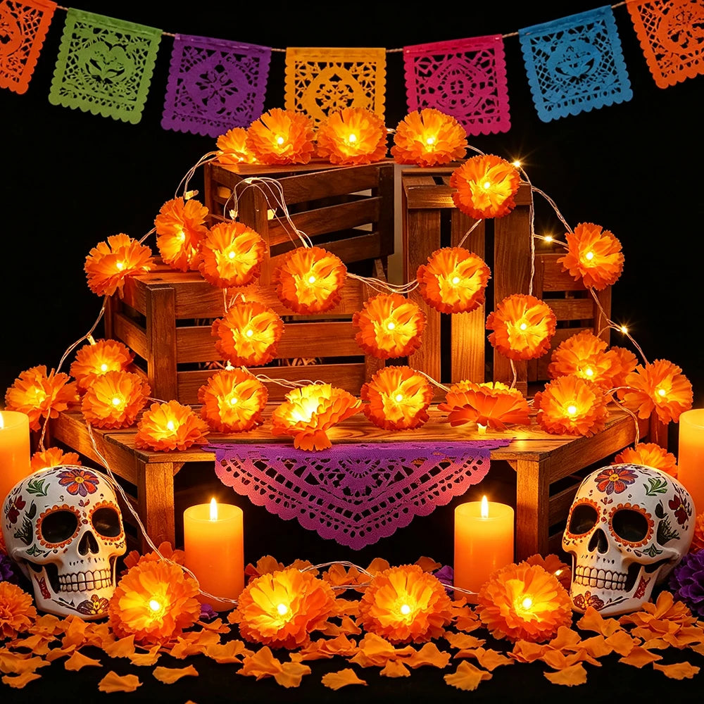 1pc/2pcs Marigold Garland Light String, 10LED Artificial Marigold Flower String Lights for Halloween Day of the Dead Party Decor